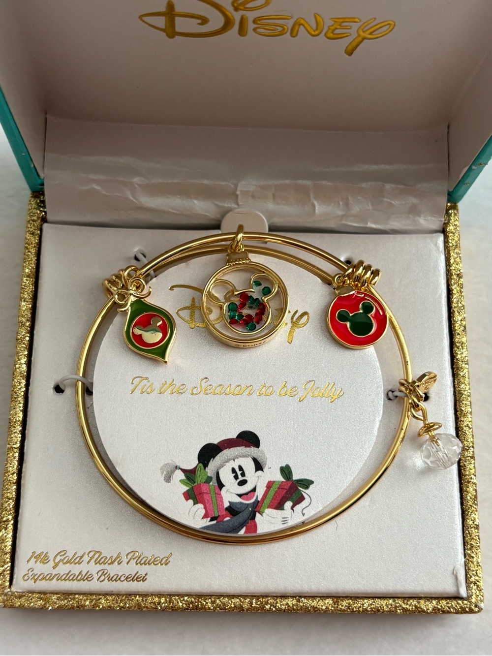 Disney Christmas Mickey Mouse 14K Gold Flash Plated Expandable Bracelet New